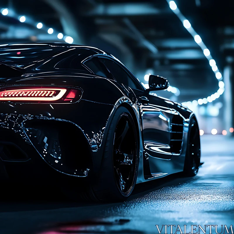 Modern Black Car with City Lights at Night AI Image