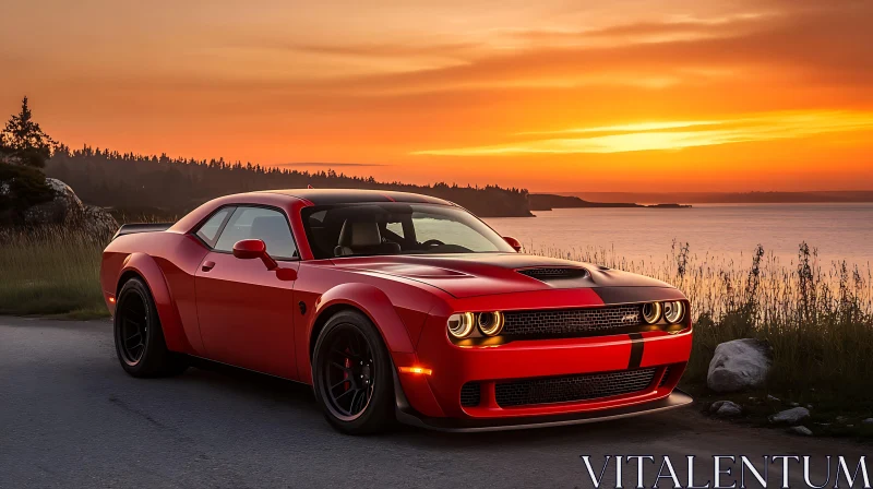 AI ART Red Car at Sunset by the Sea