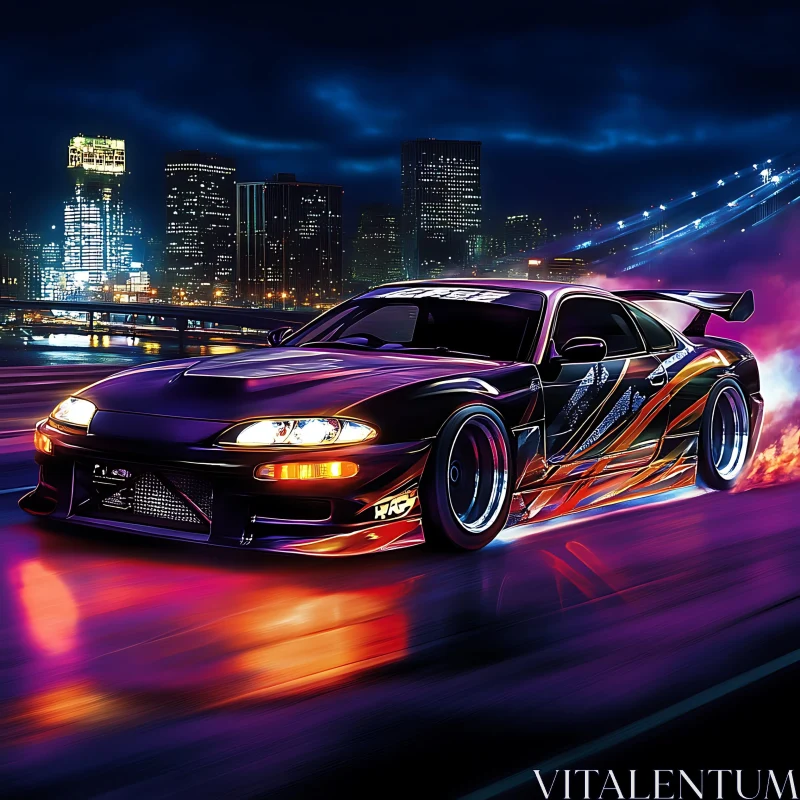 Sportscar in Neon City Night Scene AI Image