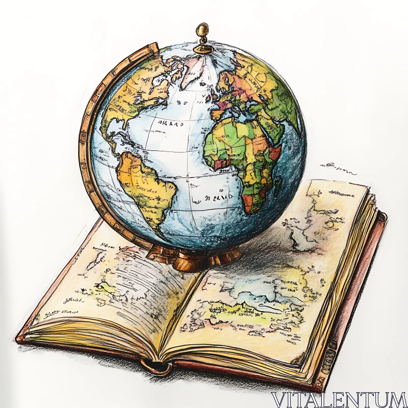 Illustration of Globe and Book with Maps AI Image