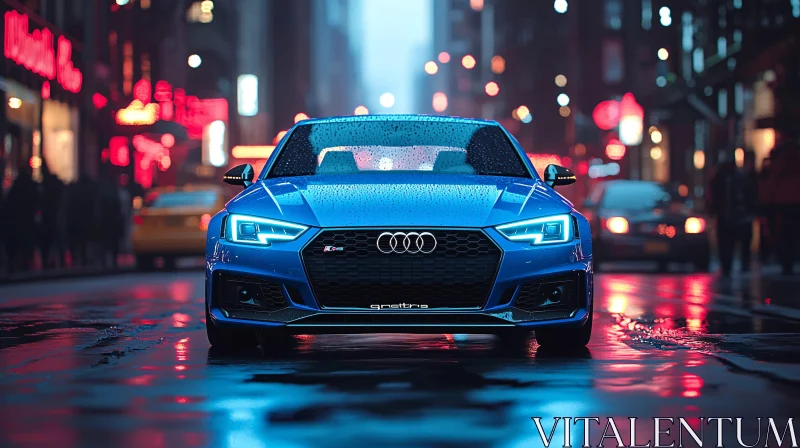 Blue Car in Vibrant Urban Night Scene AI Image