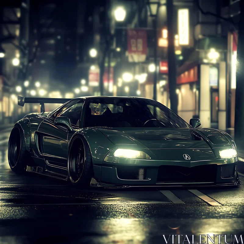 Luxurious Green Sports Car in Nighttime Cityscape AI Image