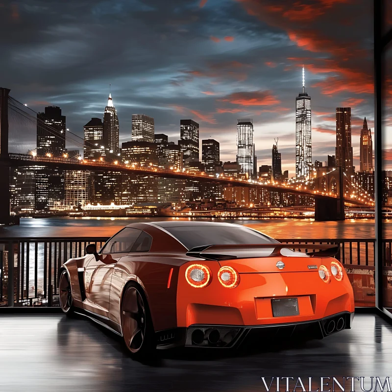 Luxury Car Overlooking a Luminous Urban Skyline AI Image