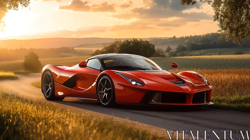 Luxury Red Sports Car at Sunset on Country Road AI Image