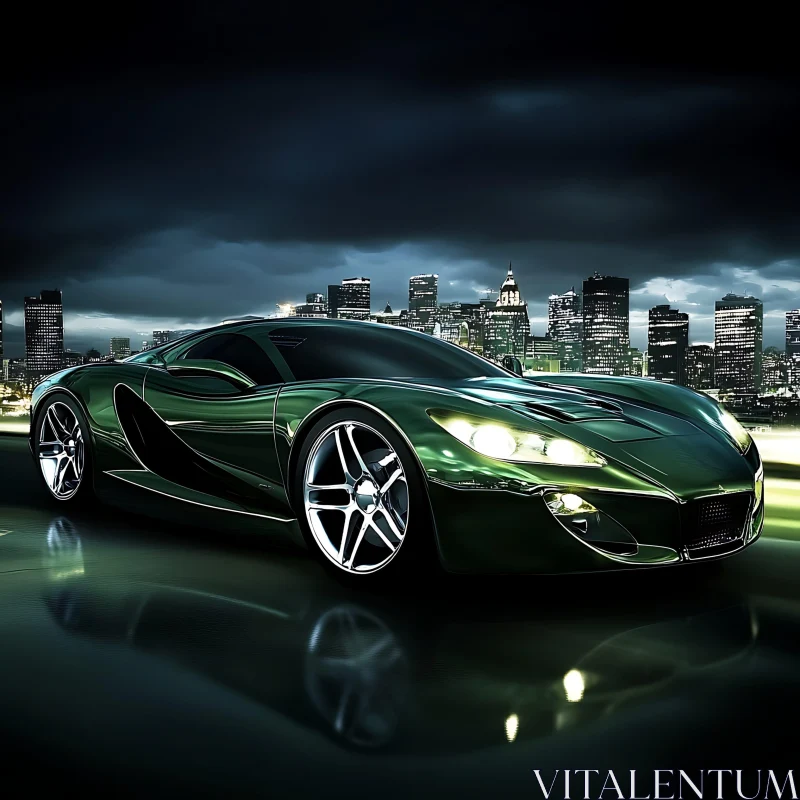 Luxurious Green Sports Car in the City at Night AI Image