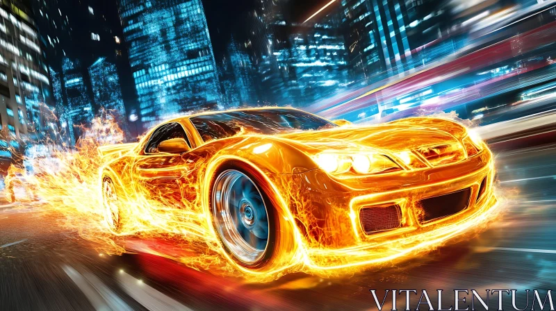 Flaming Sports Car Speeding in Night City AI Image