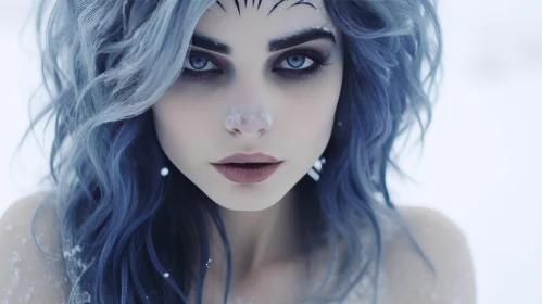 Blue Hair Gothic Snow Scene with Detailed Facial Features