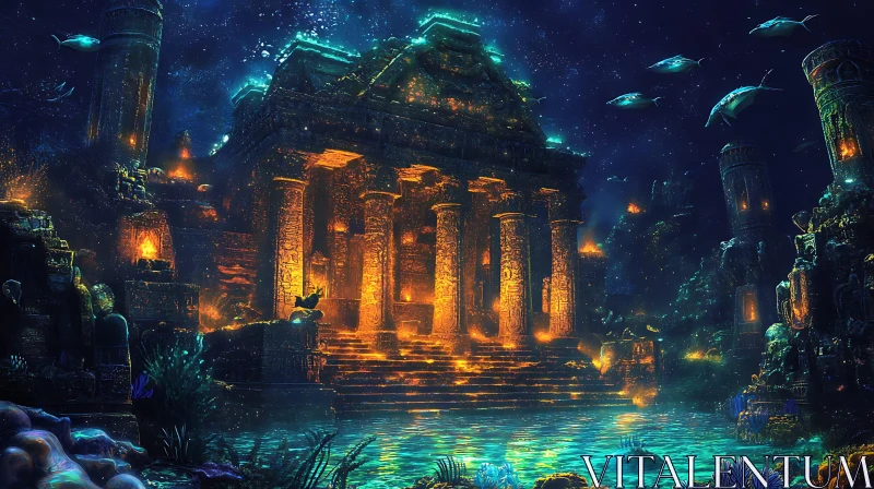 Enchanted Submerged Ancient Temple with Golden Illumination AI Image