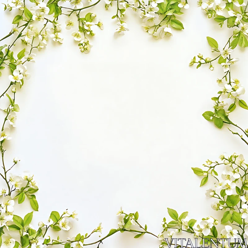 AI ART Minimalist White Flower Border with Green Leaves