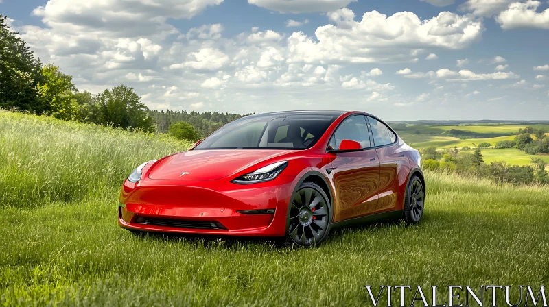 Sleek Red Electric Car on Green Field AI Image