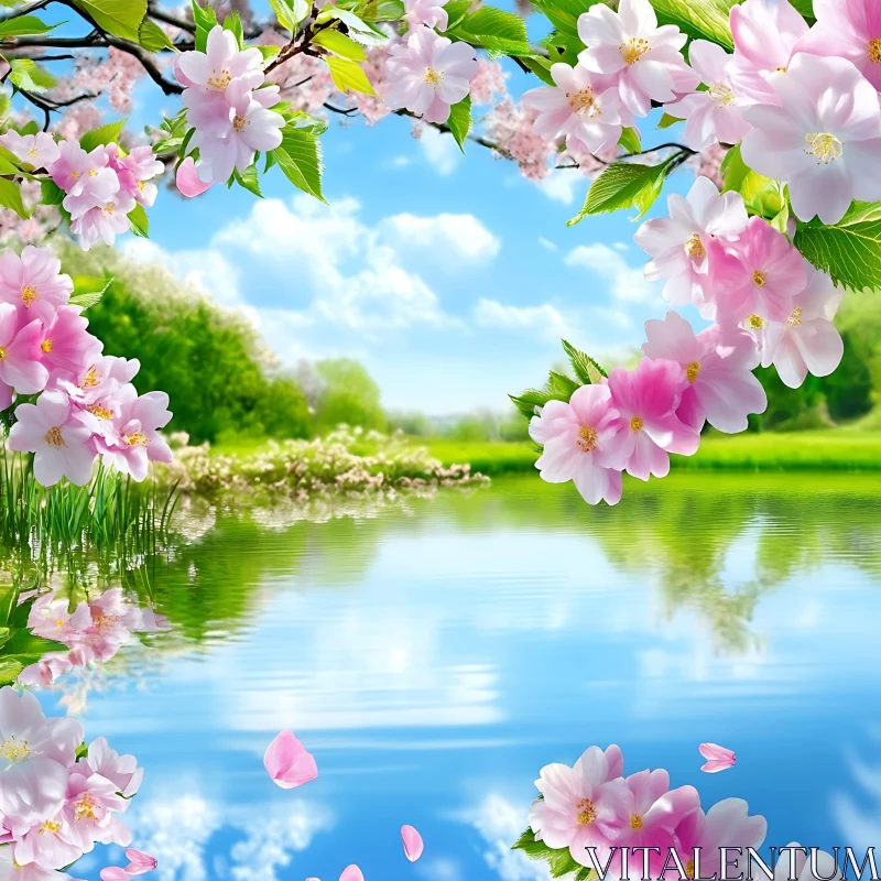 AI ART Cherry Blossoms Reflecting in Calm Lake