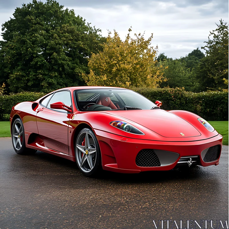 Red Sports Car in Scenic Outdoor Setting AI Image