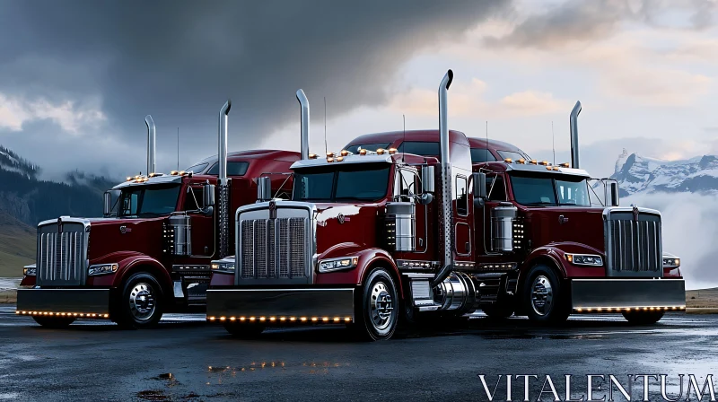 Majestic Red Semi-Trucks on a Rainy Day AI Image