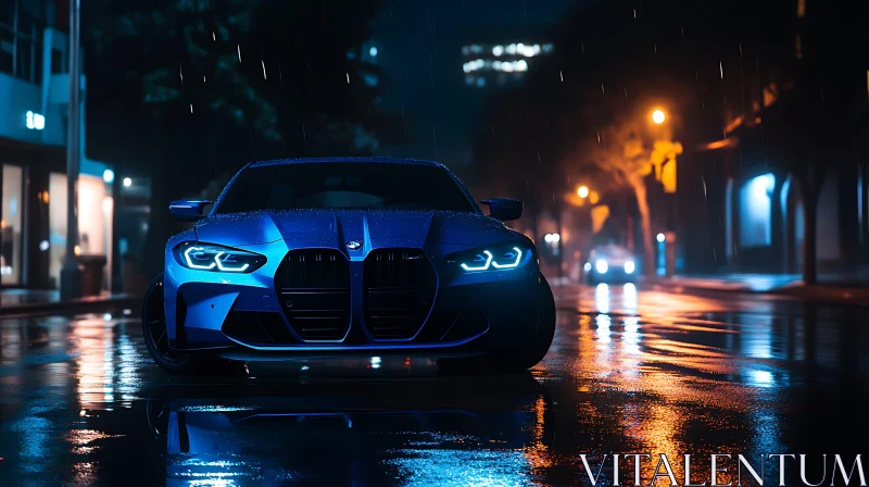 Blue Car in the Rain at Night AI Image