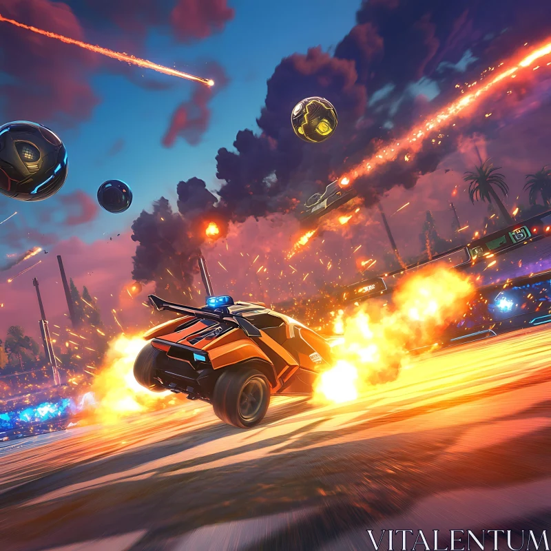 Explosive Car Soccer Stadium at Dusk AI Image