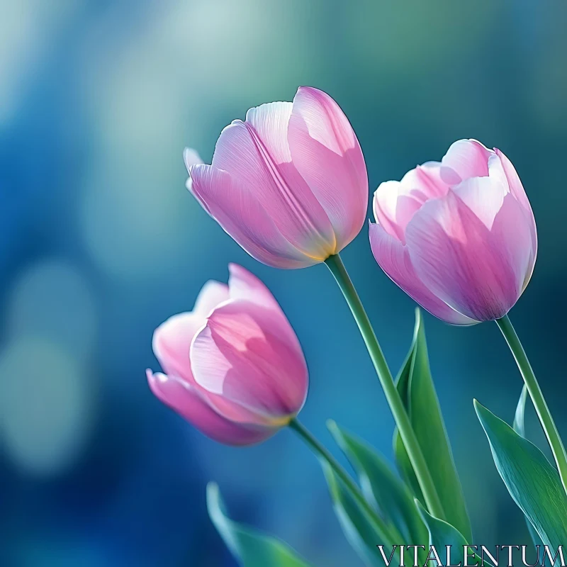 Gentle Pink Tulips Against a Blue Background AI Image