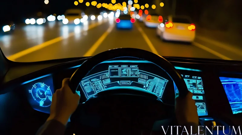 Night Drive with Futuristic Car Dashboard AI Image