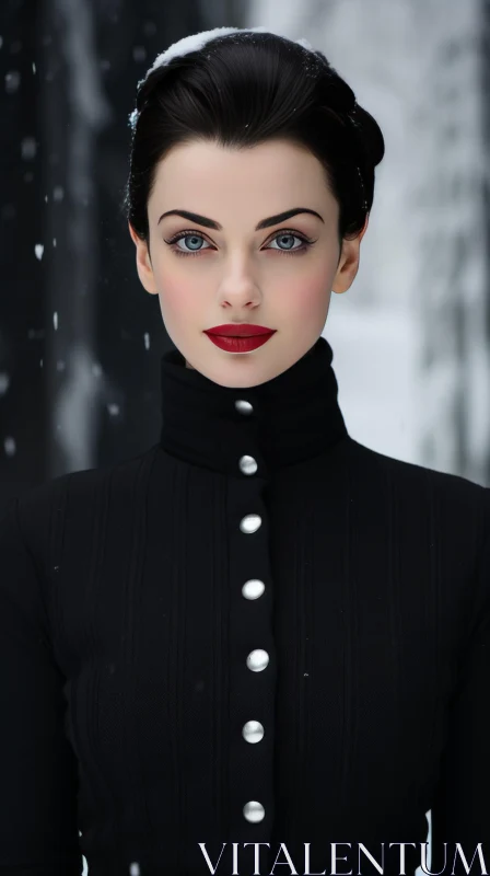 Captivating Black-Clad Girl in Snow | Modernism-Inspired Portraiture AI Image