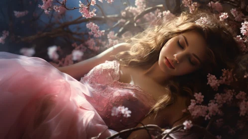 Captivating Image of a Sleeping Girl in a Pink Fairy Tale Dress under a Rose Tree