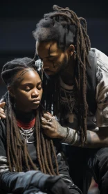 Emotional and Dramatic Artwork of a Man with Dreadlocks Embracing a Woman