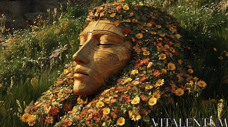 Floral Adorned Face Sculpture in Nature AI Image