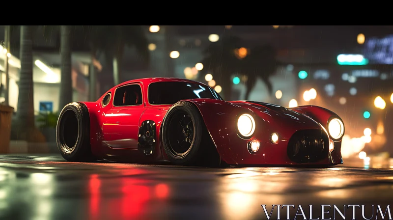 Gleaming Red Car in Nighttime Rain AI Image