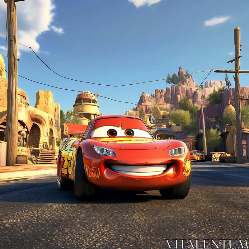 Smiling Animated Car in a Sunny Desert Town AI Image