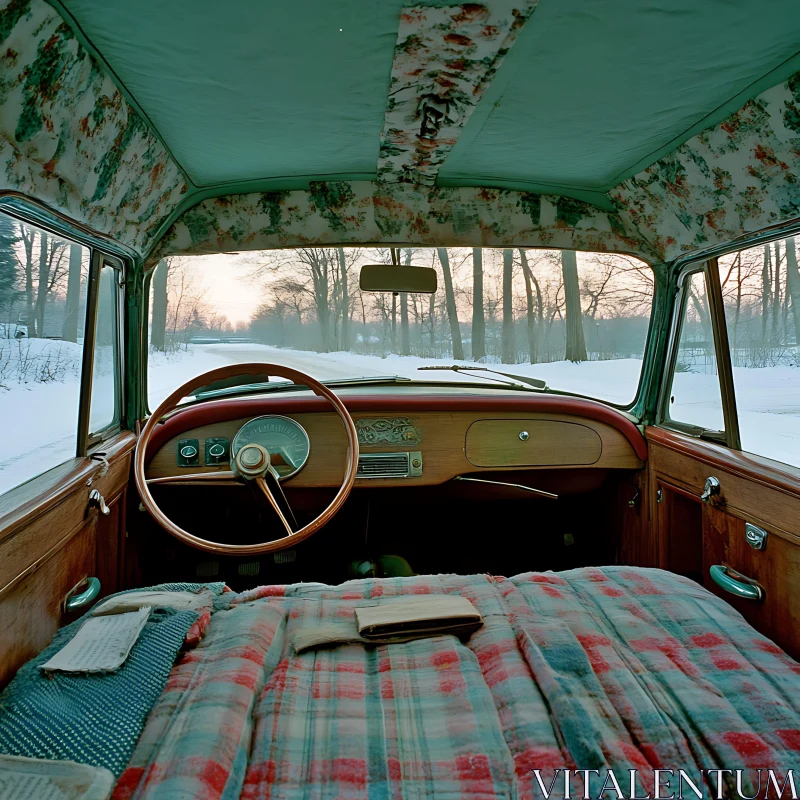 Retro Vintage Car Interior Amidst Winter Forest AI Image