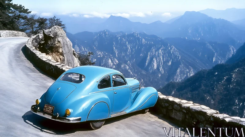 Classic Blue Car in Mountainous Landscape AI Image