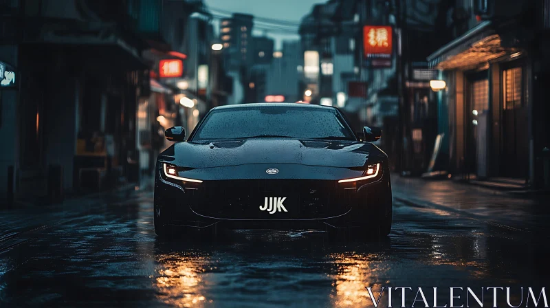 Modern Car on Rain-Wet Urban Road AI Image