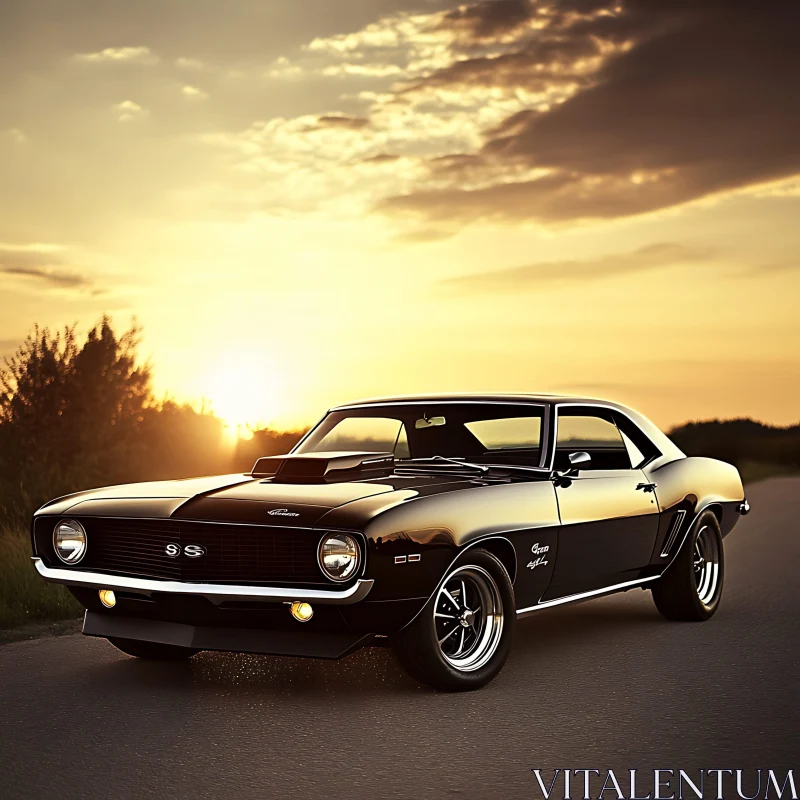 Black Muscle Car on Open Road at Sunset AI Image