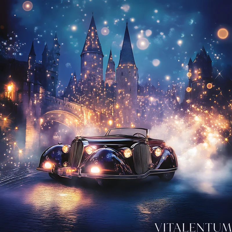 Enchanting Night Scene with Car and Castle AI Image