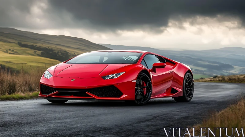 Luxury Red Car amidst Majestic Hills AI Image