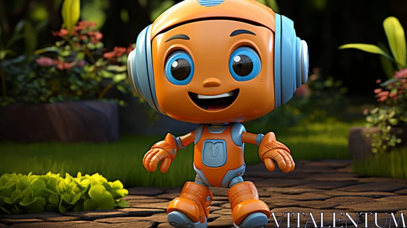Animated Toy Robot in Garden Cartoon Scene AI Image