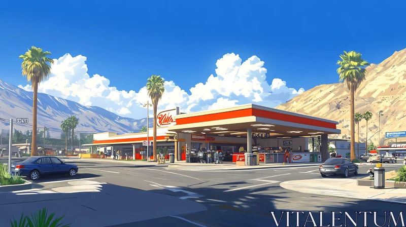 Mountain-View Gas Station with Palm Trees and Vehicular Activity AI Image