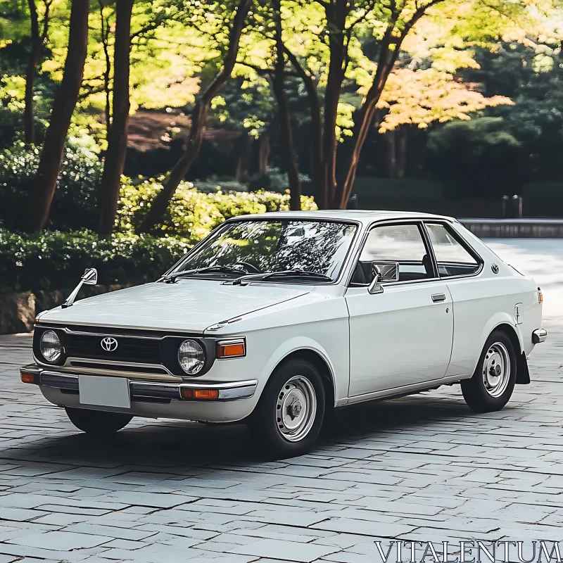 Retro White Car Parked in Lush Greenery AI Image