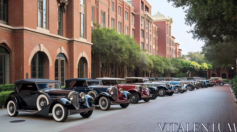 Classic Cars Parked Alongside Brick Buildings AI Image