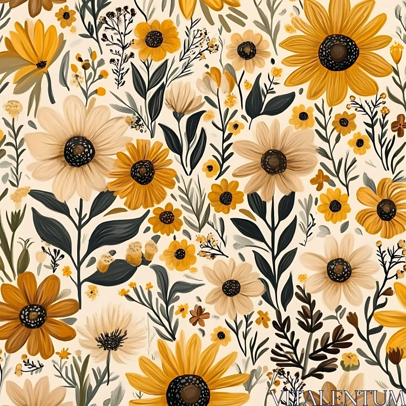 AI ART Botanical Pattern with Yellow Flowers and Green Foliage