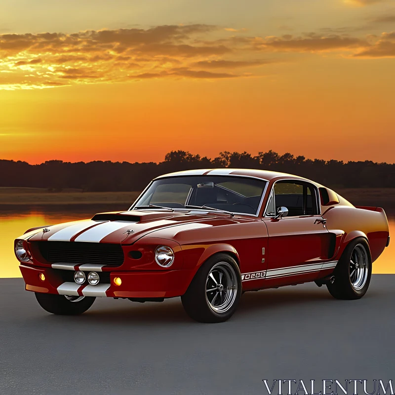 Vintage Red Muscle Car Evening Drive AI Image