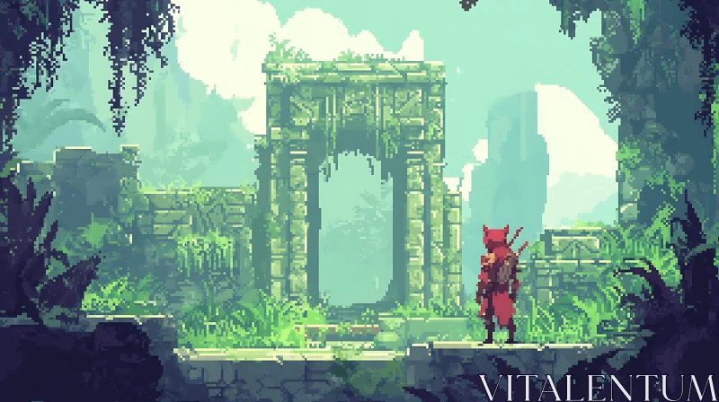 Character Exploring Lush Jungle Ruins in Pixel Art AI Image