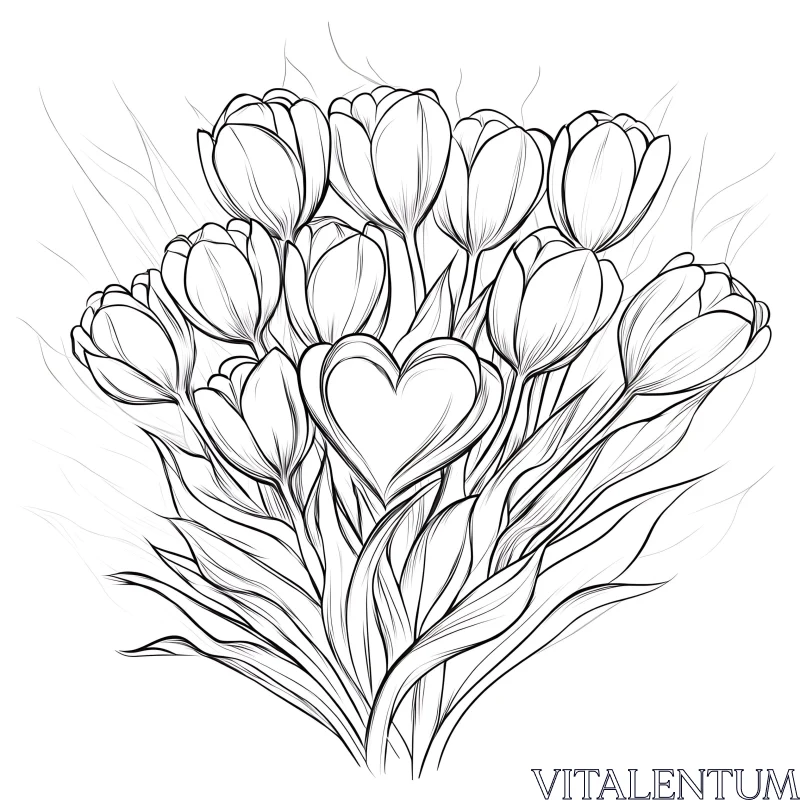 Tulip Bouquet Line Art with Central Heart AI Image