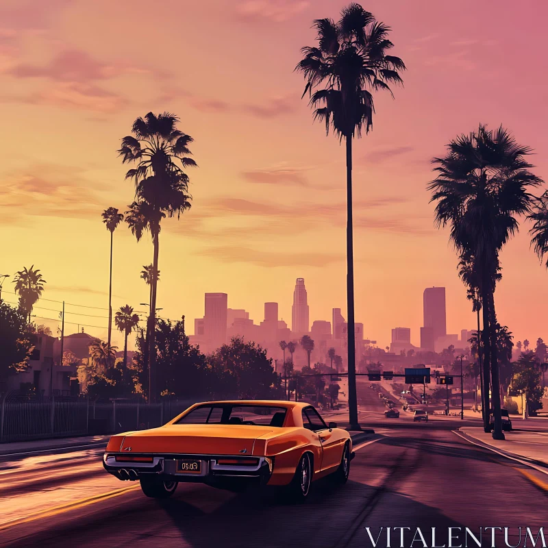 Classic Car and Urban Sunset AI Image