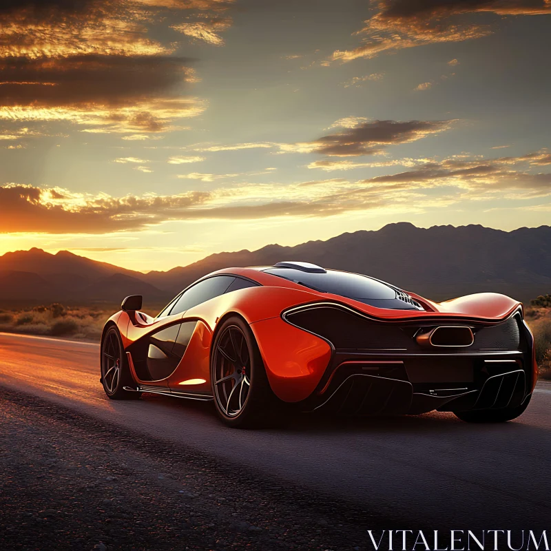 Sleek Red Sports Car with Mountain Sunset Background AI Image