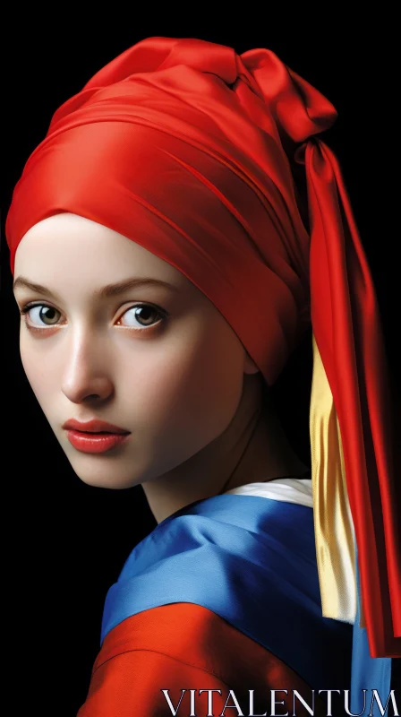 AI ART Captivating Girl with Pearl Earring and Red Scarf - Digital Airbrushing