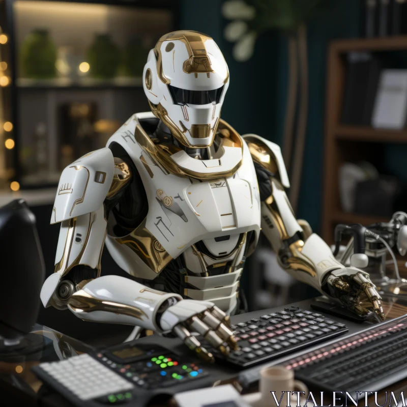 Robot in Gold Armor at Computer Desk: A Surreal Blend of the Mundane and Extraordinary AI Image