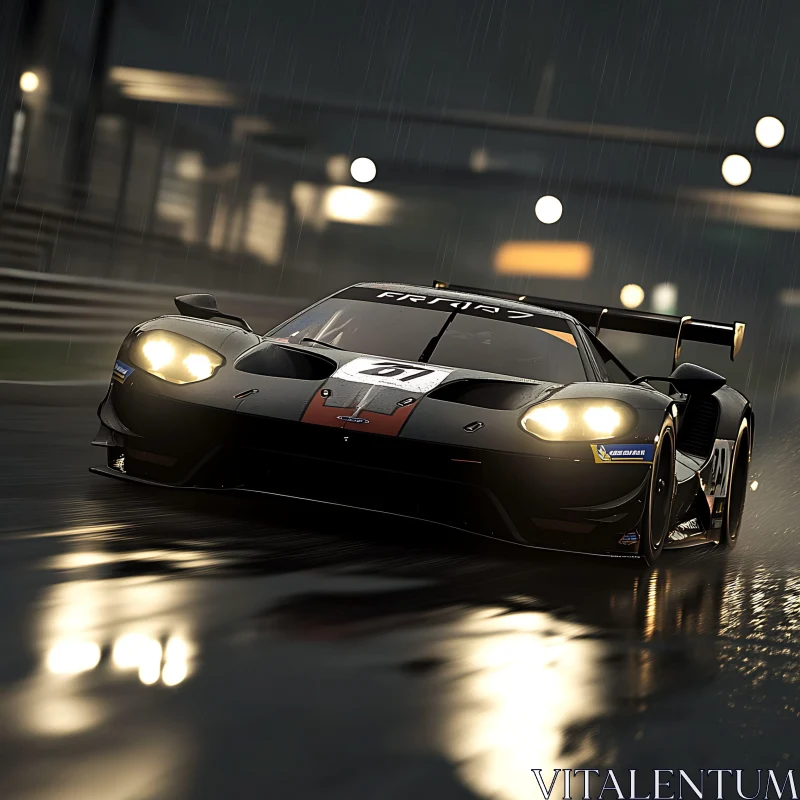 Vivid Night Racing Scene with Rain and Reflections AI Image