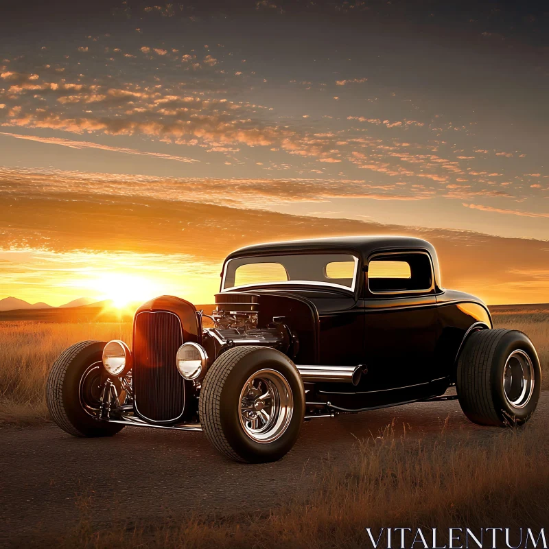 Classic Car and Sunset Landscape AI Image