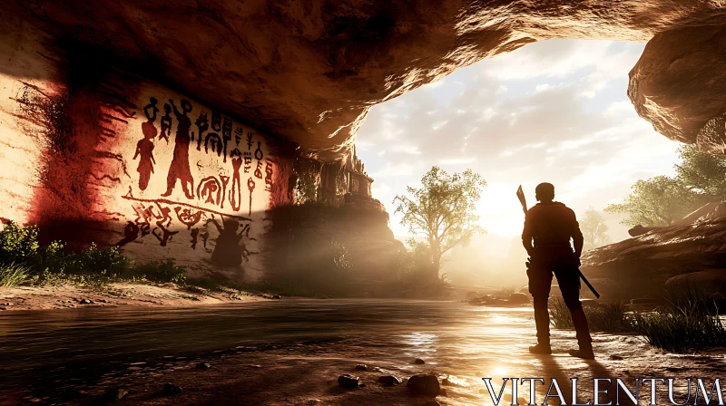 An Explorer in a Cave with Sunlight and Petroglyphs AI Image