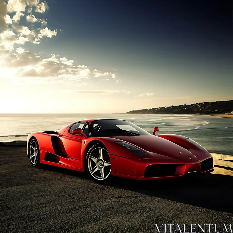 Red Sports Car on Scenic Coastal Road AI Image