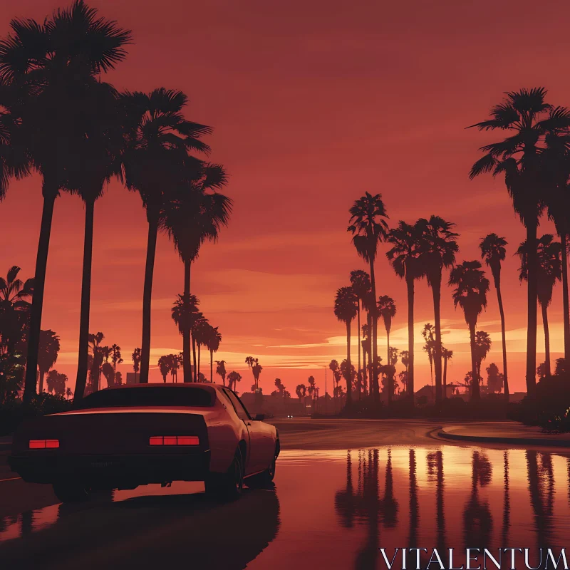 Fiery Sunset with Car and Palm Tree Shadows AI Image